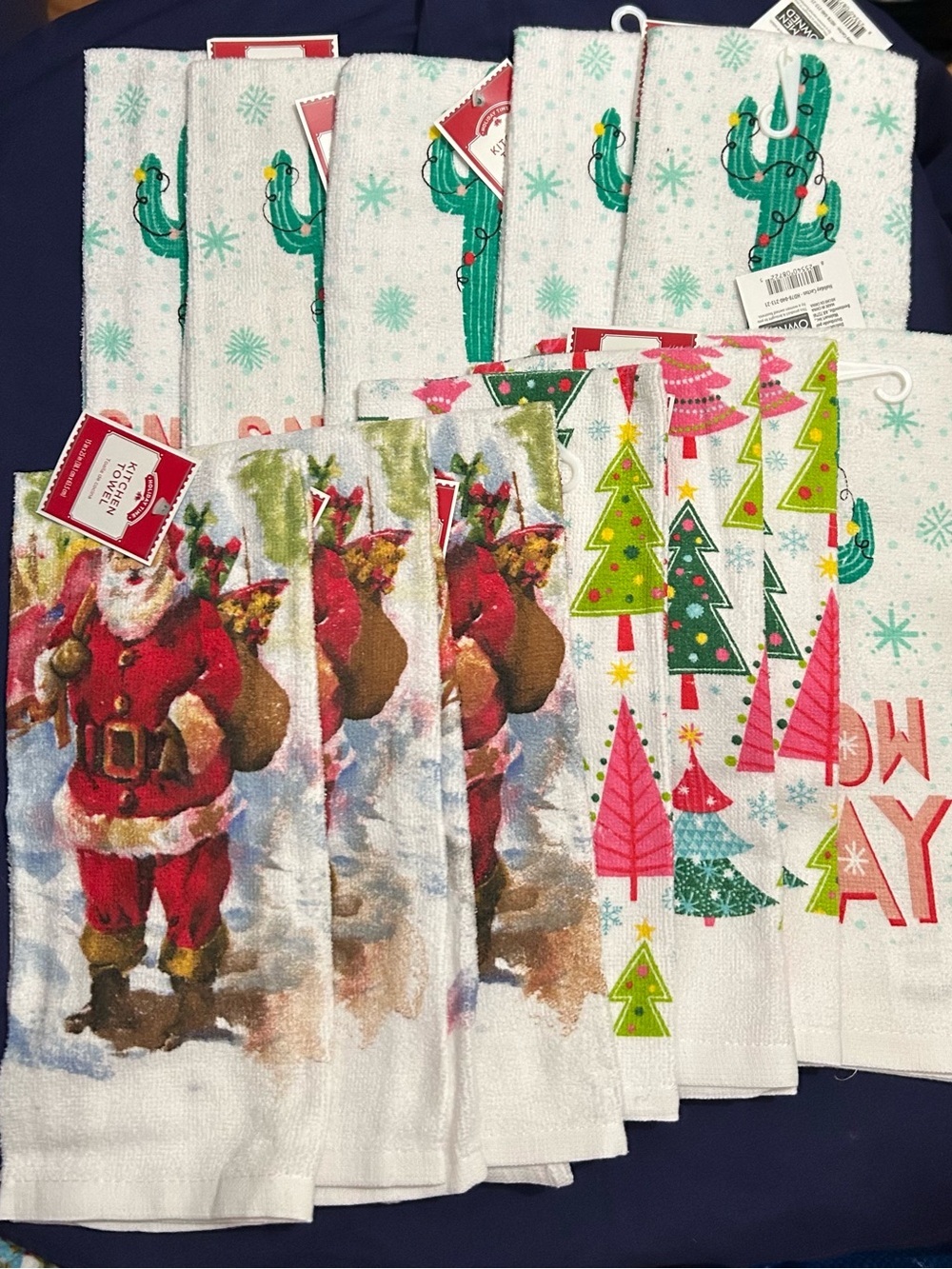 Holiday Kitchen Towels Set with Festive Santa, Cactus & Tree Prints set of 12
